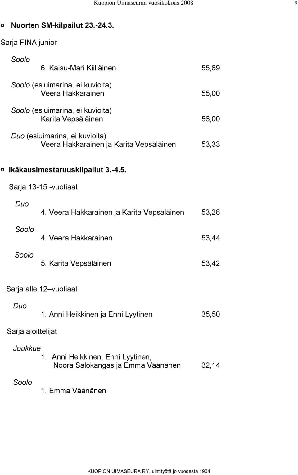 ei kuvioita) Veera Hakkarainen ja Karita Vepsäläinen 53,33 Ikäkausimestaruuskilpailut 3.-4.5. Sarja 13-15 -vuotiaat Duo Soolo Soolo 4.