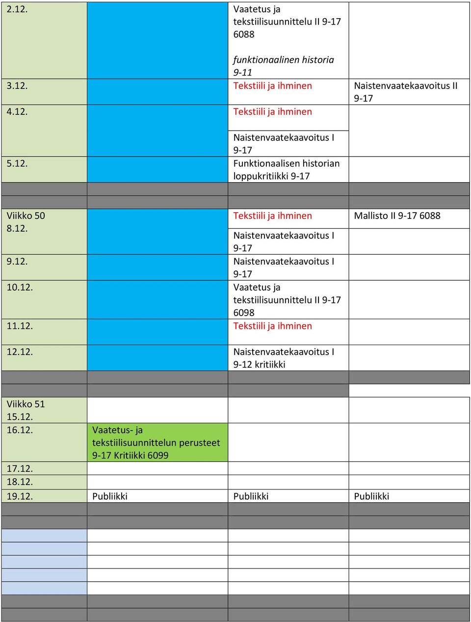 12. 9-10.12. Vaatetus ja tekstiilisuunnittelu II 9-6098 11.12. Tekstiili ja ihminen 12.12. 9-12 kritiikki Viikko 51 15.