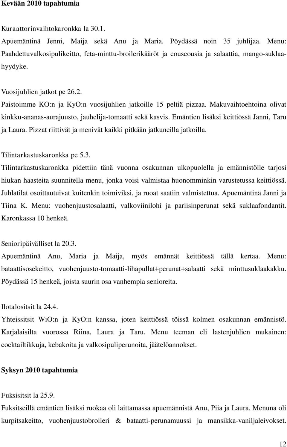 .2. Paistoimme KO:n ja KyO:n vuosijuhlien jatkoille 15 peltiä pizzaa. Makuvaihtoehtoina olivat kinkku-ananas-aurajuusto, jauhelija-tomaatti sekä kasvis.