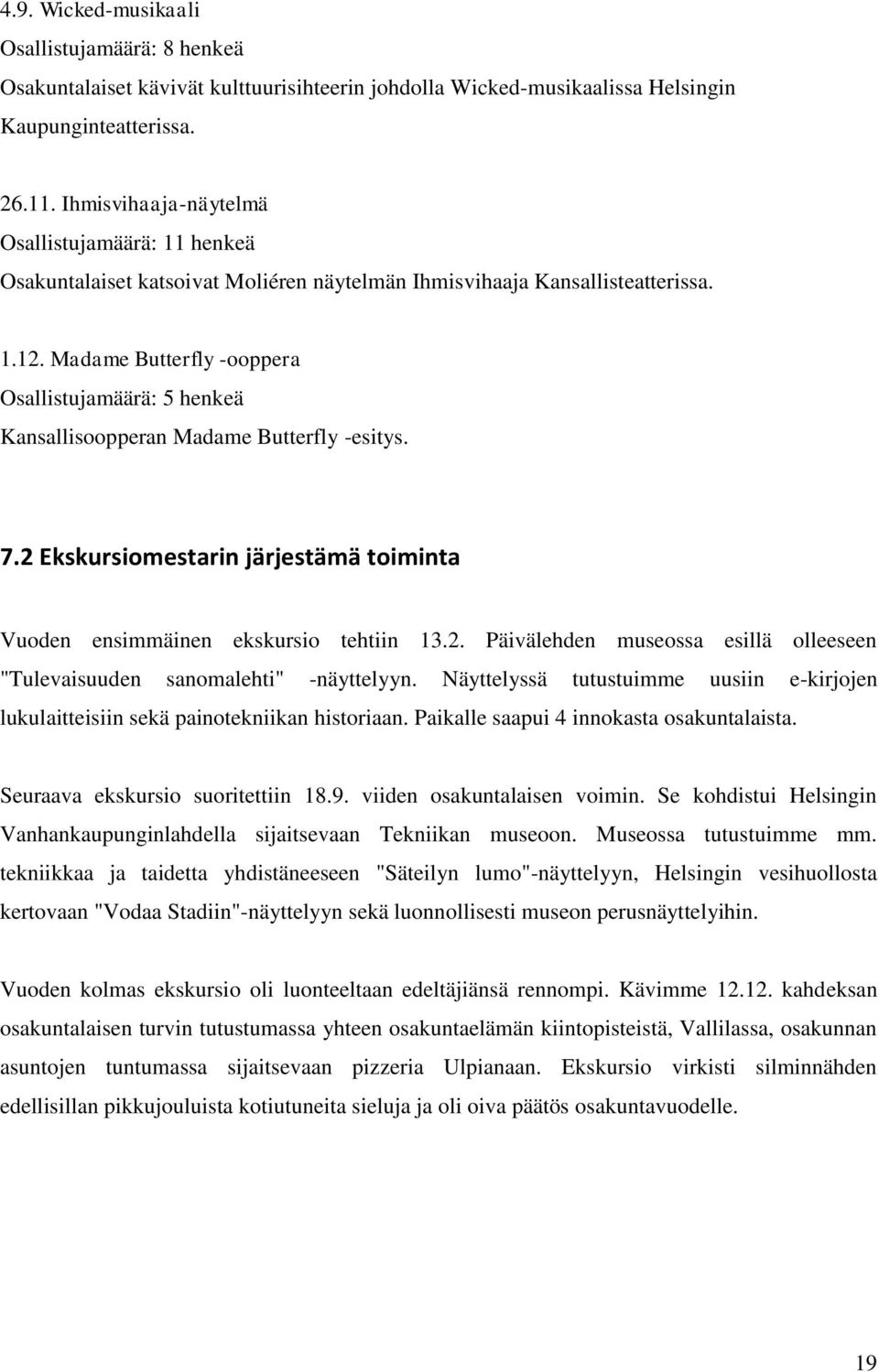 Madame Butterfly -ooppera Osallistujamäärä: 5 henkeä Kansallisoopperan Madame Butterfly -esitys. 7.2 Ekskursiomestarin järjestämä toiminta Vuoden ensimmäinen ekskursio tehtiin 13.2. Päivälehden museossa esillä olleeseen "Tulevaisuuden sanomalehti" -näyttelyyn.
