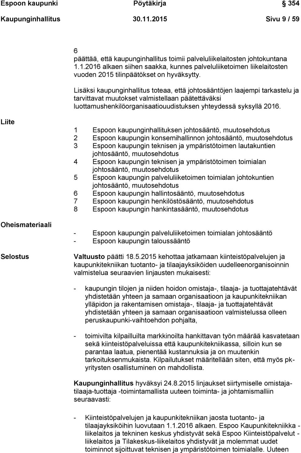 Liite Oheismateriaali Selostus 1 Espoon kaupunginhallituksen johtosääntö, muutosehdotus 2 Espoon kaupungin konsernihallinnon johtosääntö, muutosehdotus 3 Espoon kaupungin teknisen ja ympäristötoimen