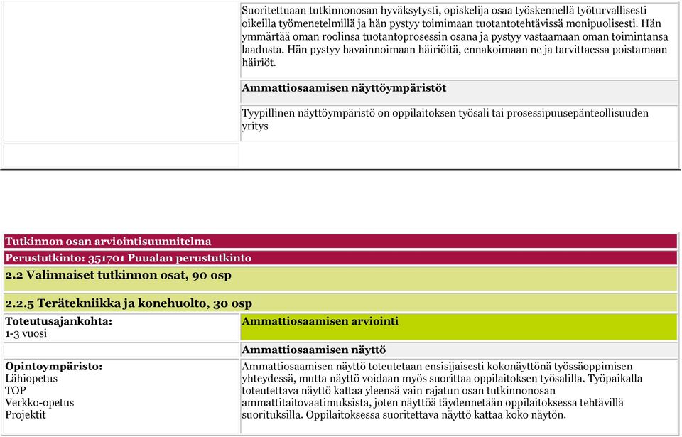 Ammattiosaamisen näyttöympäristöt Tyypillinen näyttöympäristö on oppilaitoksen työsali tai prosessipuusepänteollisuuden yritys Tutkinnon osan arviointisuunnitelma Perustutkinto: 351701 Puualan