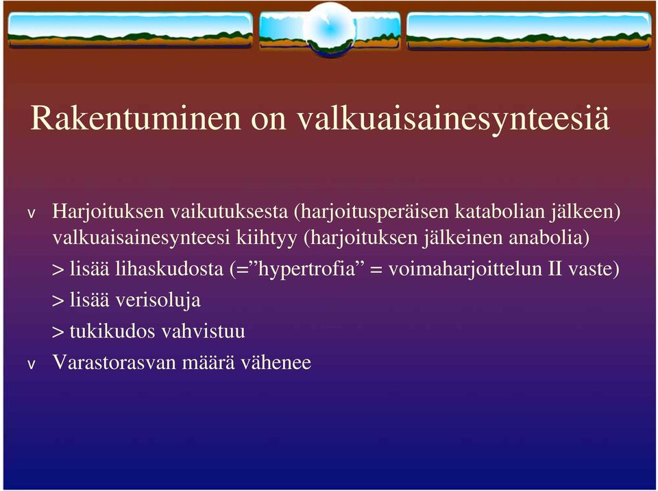 (harjoituksen jälkeinen anabolia) > lisää lihaskudosta (= hypertrofia =