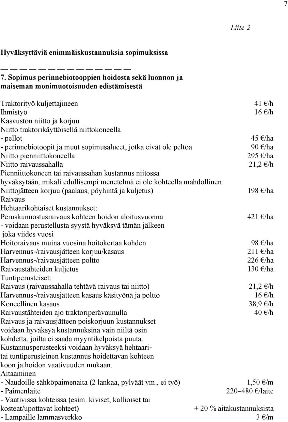 niittokoneella - pellot 45 /ha - perinnebiotoopit ja muut sopimusalueet, jotka eivät ole peltoa 90 /ha Niitto pienniittokoneella 295 /ha Niitto raivaussahalla 21,2 /h Pienniittokoneen tai