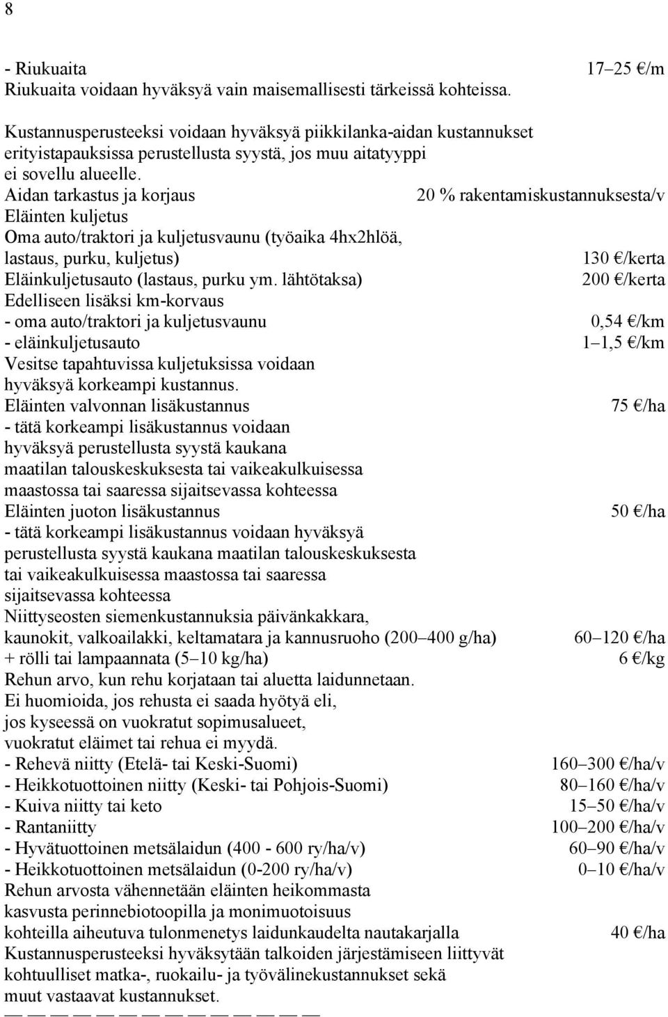 Aidan tarkastus ja korjaus 20 % rakentamiskustannuksesta/v Eläinten kuljetus Oma auto/traktori ja kuljetusvaunu (työaika 4hx2hlöä, lastaus, purku, kuljetus) 130 /kerta Eläinkuljetusauto (lastaus,