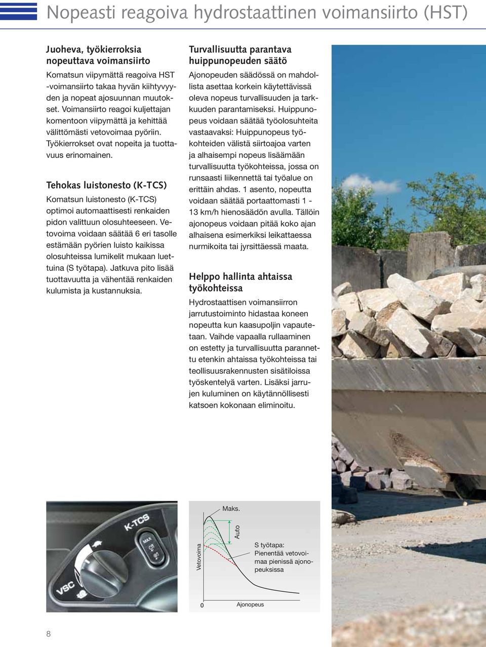 Tehokas luistonesto (K-TCS) Komatsun luistonesto (K-TCS) optimoi automaattisesti renkaiden pidon valittuun olosuhteeseen.