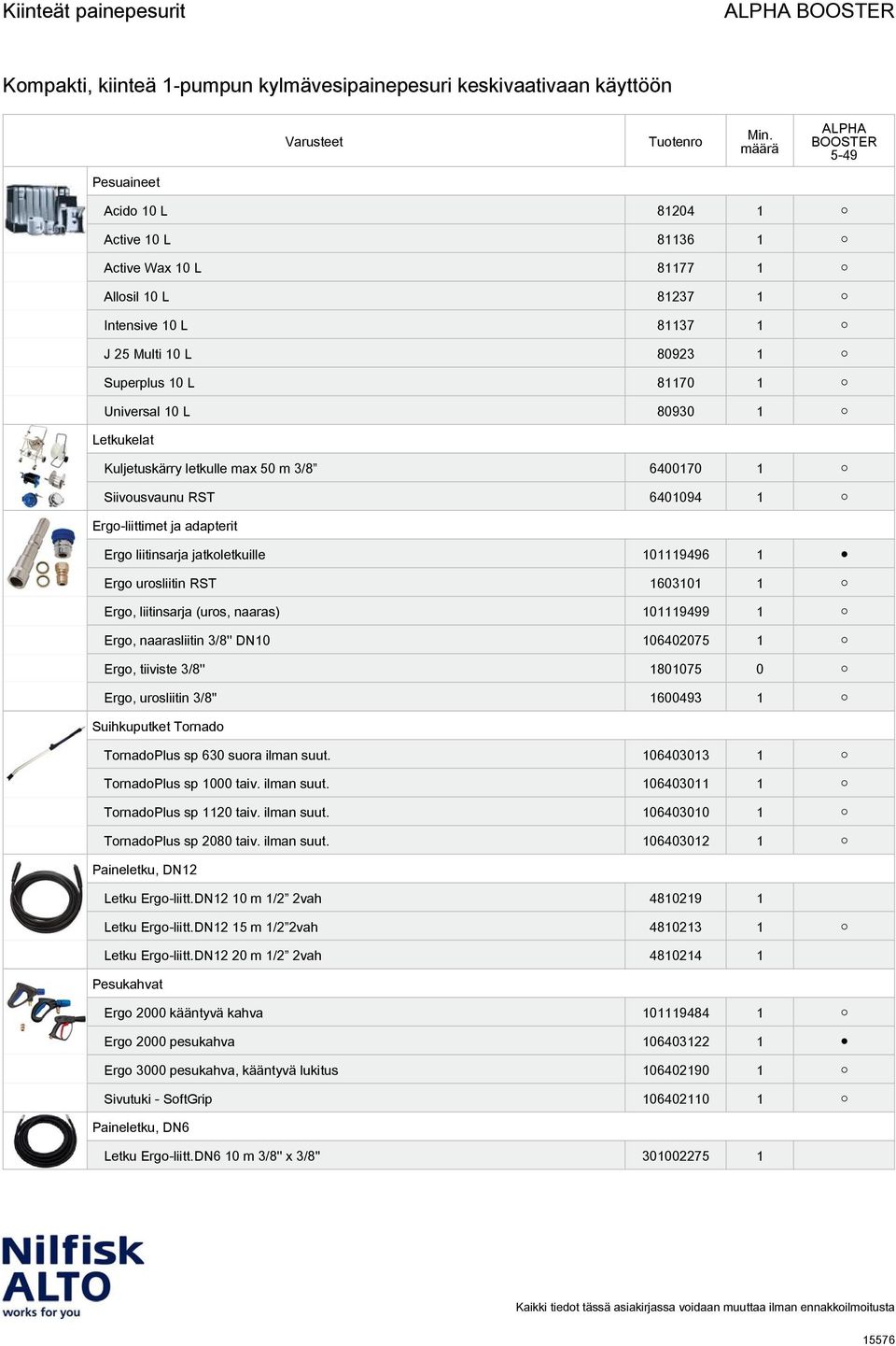 naaras) 101119499 1 Ergo, naarasliitin 3/8'' DN10 106402075 1 Ergo, tiiviste 3/8'' 1801075 0 Ergo, urosliitin 3/8'' 1600493 1 Suihkuputket Tornado TornadoPlus sp 630 suora ilman suut.