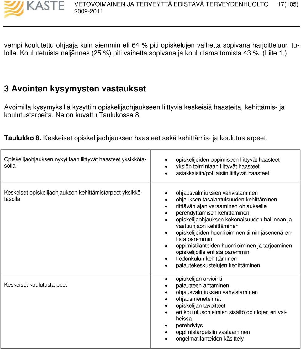 Taulukko 8. Keskeiset opiskelijaohjauksen haasteet sekä kehittämis- ja koulutustarpeet.