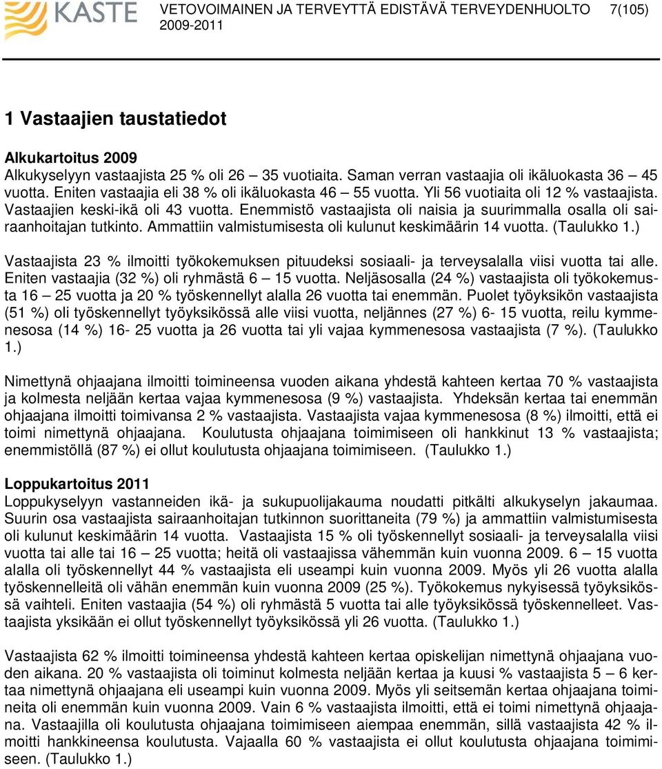 Enemmistö vastaajista oli naisia ja suurimmalla osalla oli sairaanhoitajan tutkinto. Ammattiin valmistumisesta oli kulunut keskimäärin 14 vuotta. (Taulukko 1.