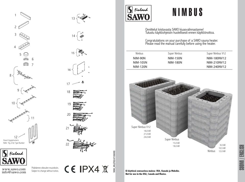 imbus IM-90 IM-105 IM-120 Super imbus IM-150 IM-180 Super imbus V12 IM-180V12 IM-210V12 IM-240V12 Super imbus V12 Kuva tyyppinumero Refer Fig. for Type umber www.sawo.