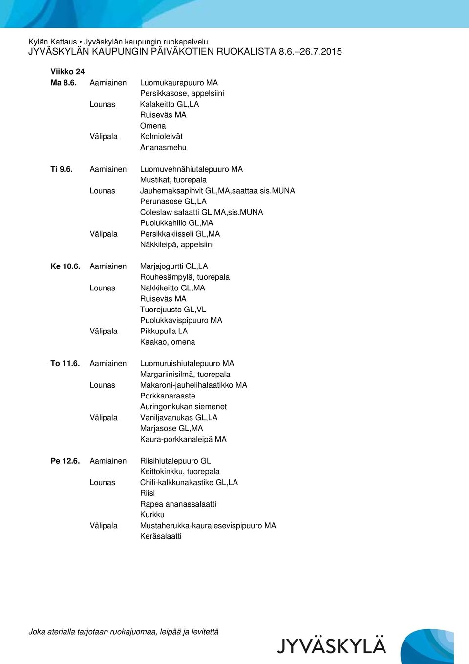 Aamiainen Marjajogurtti GL,LA Rouhesämpylä, tuorepala Lounas Nakkikeitto GL,MA Tuorejuusto GL,VL Puolukkavispipuuro MA Välipala Pikkupulla LA Kaakao, omena To 11.6.