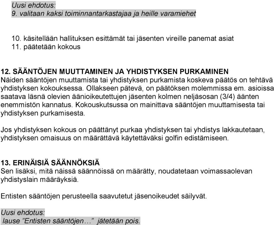 asioissa saatava läsnä olevien äänioikeutettujen jäsenten kolmen neljäsosan (3/4) äänten enemmistön kannatus. Kokouskutsussa on mainittava sääntöjen muuttamisesta tai yhdistyksen purkamisesta.