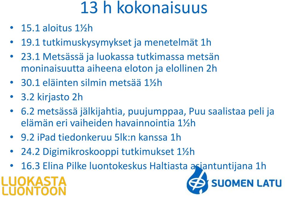 1 eläinten silmin metsää 1½h 3.2 kirjasto 2h 6.