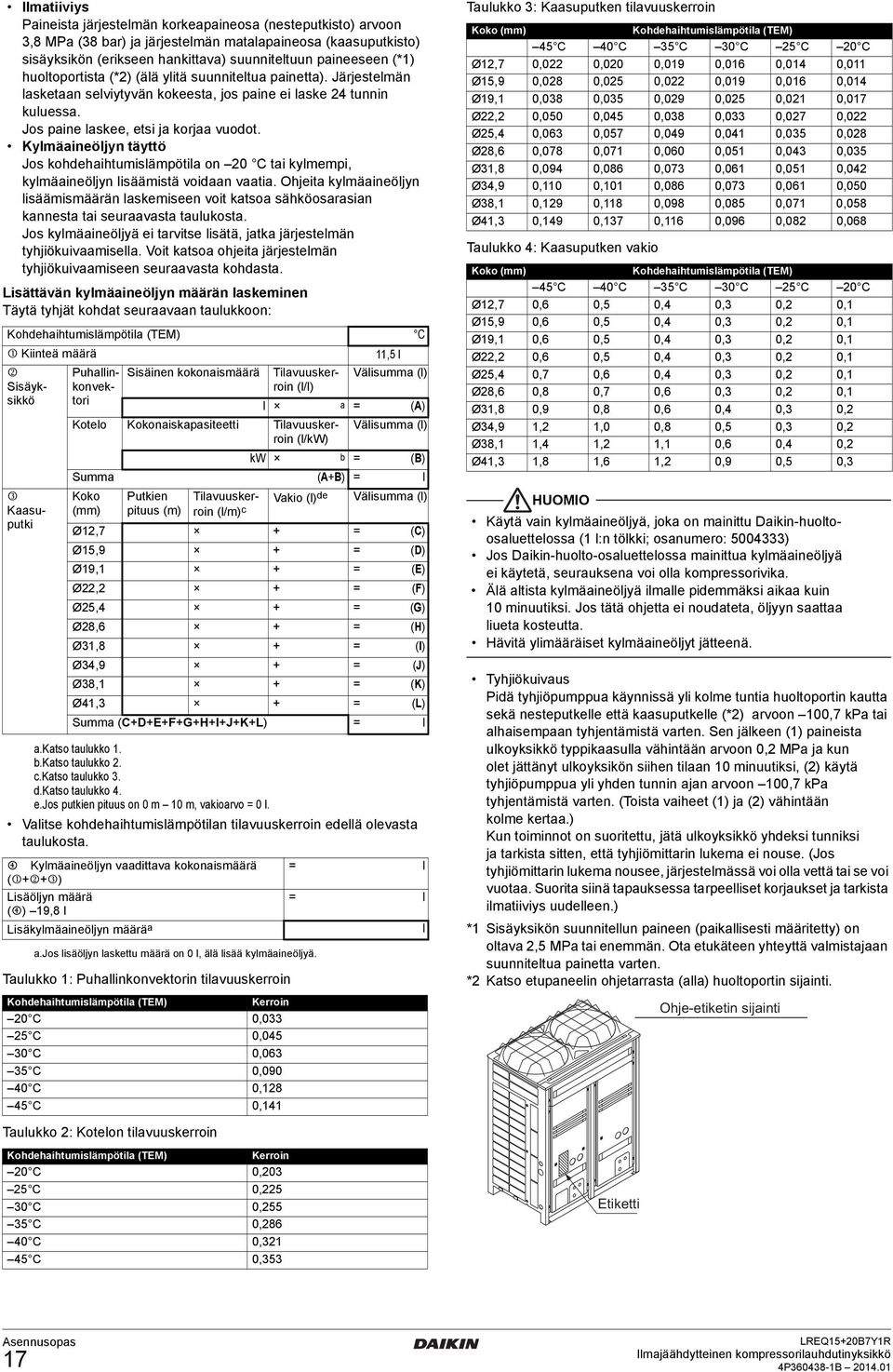 Kylmäaineöljyn täyttö Jos kohdehaihtumislämpötila on 0 C tai kylmempi, kylmäaineöljyn lisäämistä voidaan vaatia.