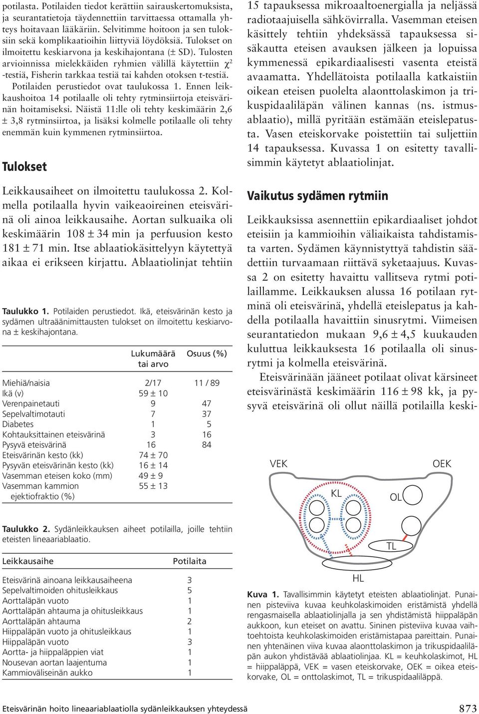 Tulosten arvioinnissa mielekkäiden ryhmien välillä käytettiin χ 2 -testiä, Fisherin tarkkaa testiä tai kahden otoksen t-testiä. Potilaiden perustiedot ovat taulukossa 1.