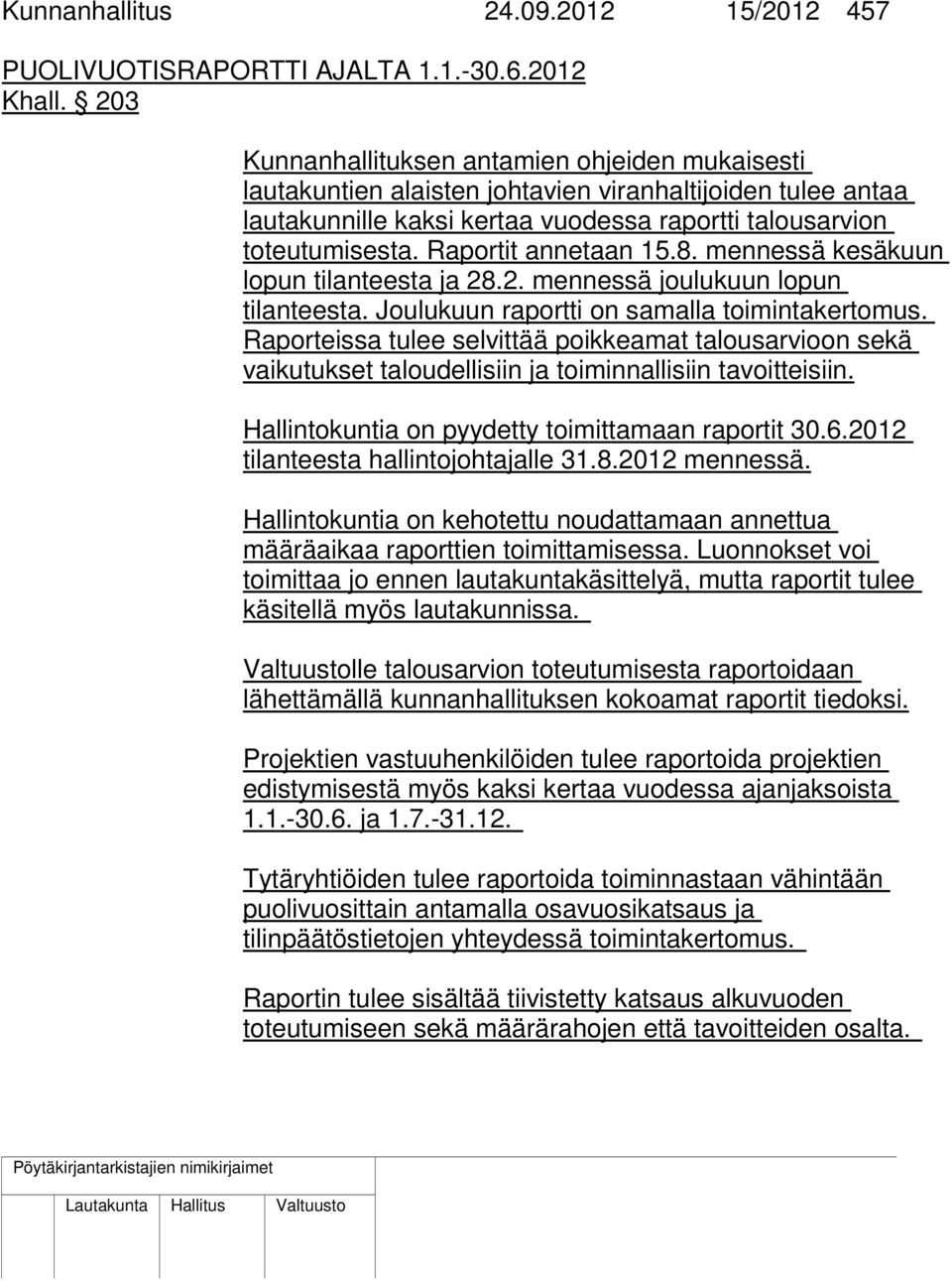 Raportit annetaan 15.8. mennessä kesäkuun lopun tilanteesta ja 28.2. mennessä joulukuun lopun tilanteesta. Joulukuun raportti on samalla toimintakertomus.