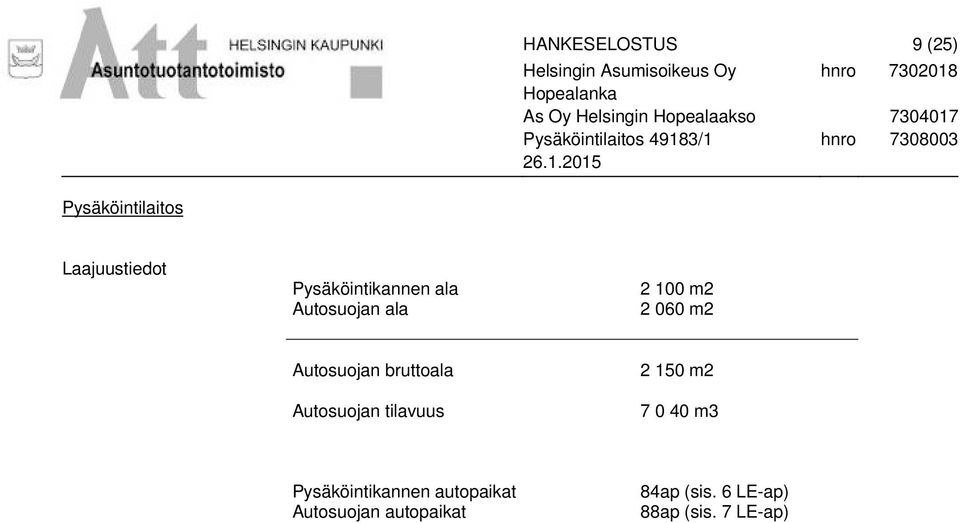 Autosuojan bruttoala Autosuojan tilavuus 2 150 m2 7 0 40 m3