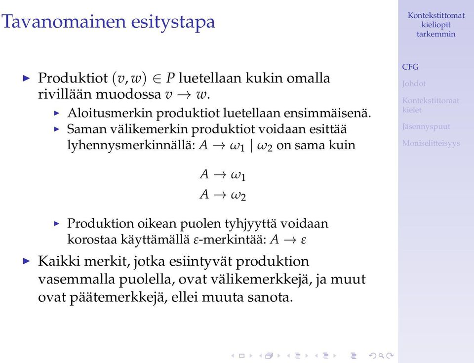 Saman välikemerkin produktiot voidaan esittää lyhennysmerkinnällä: A ω 1 ω 2 on sama kuin A ω 1 A ω 2 Produktion