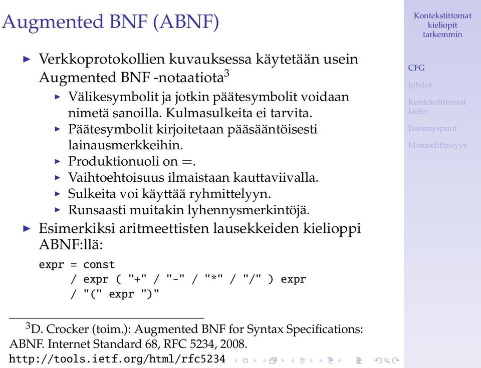 Sulkeita voi käyttää ryhmittelyyn. Runsaasti muitakin lyhennysmerkintöjä.