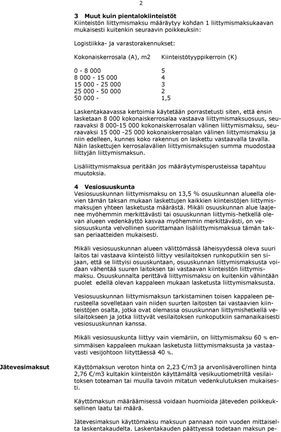 kokonaiskerrosalaa vastaava liittymismaksuosuus, seuraavaksi 8 000-15 000 kokonaiskerrosalan välinen liittymismaksu, seuraavaksi 15 000-25 000 kokonaiskerrosalan välinen liittymismaksu ja niin