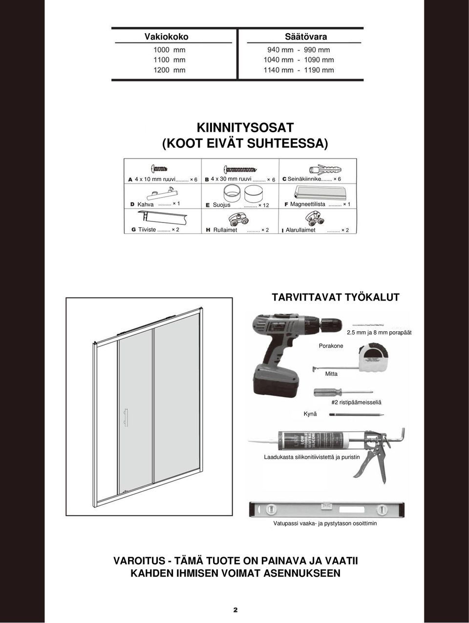 5 mm ja 8 mm porapäät Mitta Kynä #2 ristipäämeisseliä Laadukasta silikonitiivistettä ja puristin