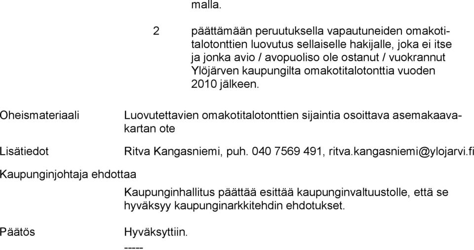 ostanut / vuokrannut Ylö jär ven kaupungilta omakotitalotonttia vuoden 2010 jälkeen.