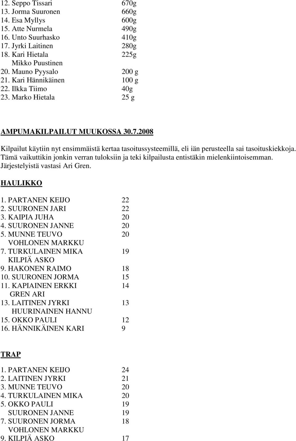 2008 Kilpailut käytiin nyt ensimmäistä kertaa tasoitussysteemillä, eli iän perusteella sai tasoituskiekkoja.