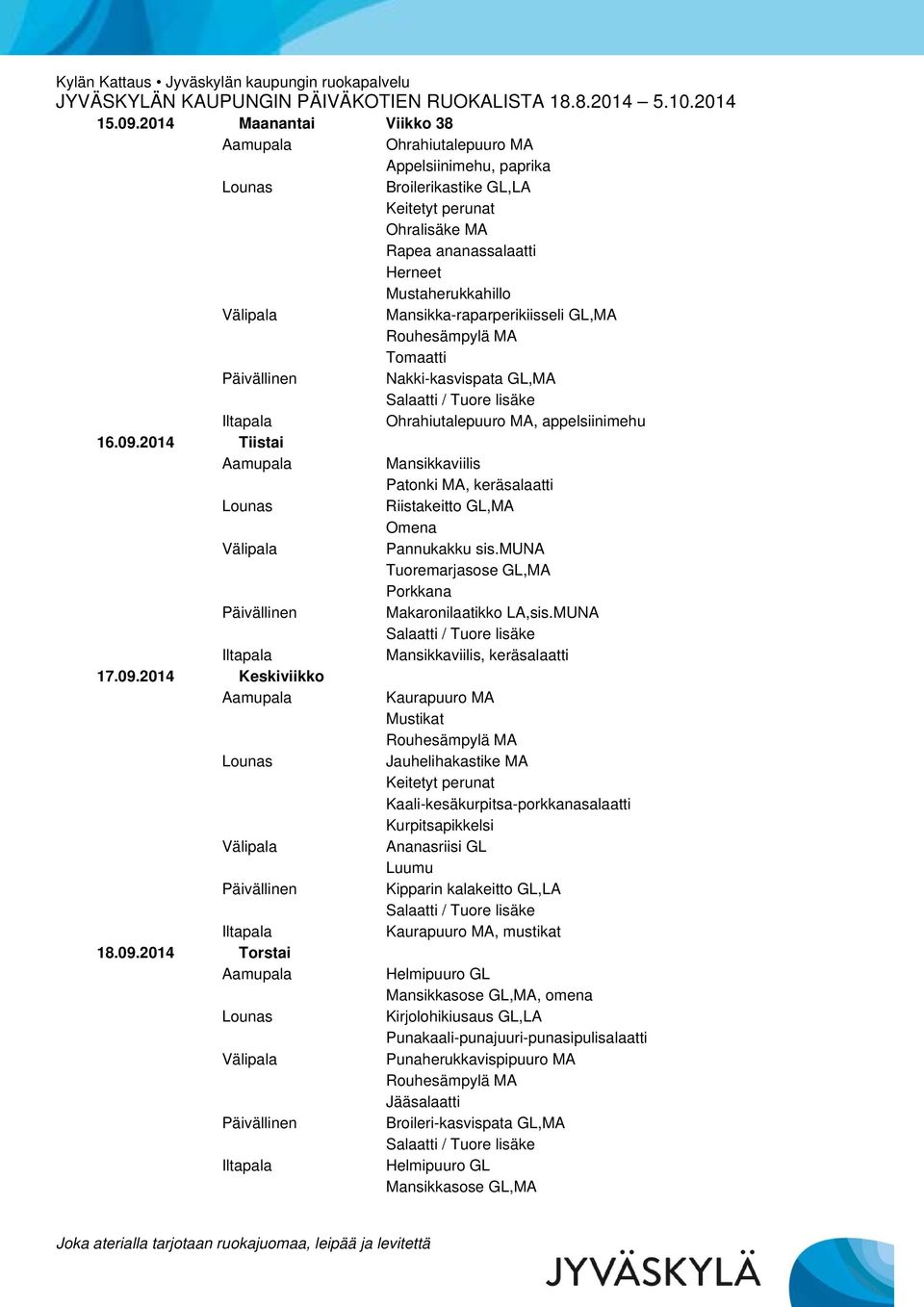 Nakki-kasvispata GL,MA Ohrahiutalepuuro MA, appelsiinimehu 16.09.2014 Tiistai Mansikkaviilis Patonki MA, keräsalaatti Riistakeitto GL,MA Omena Pannukakku sis.