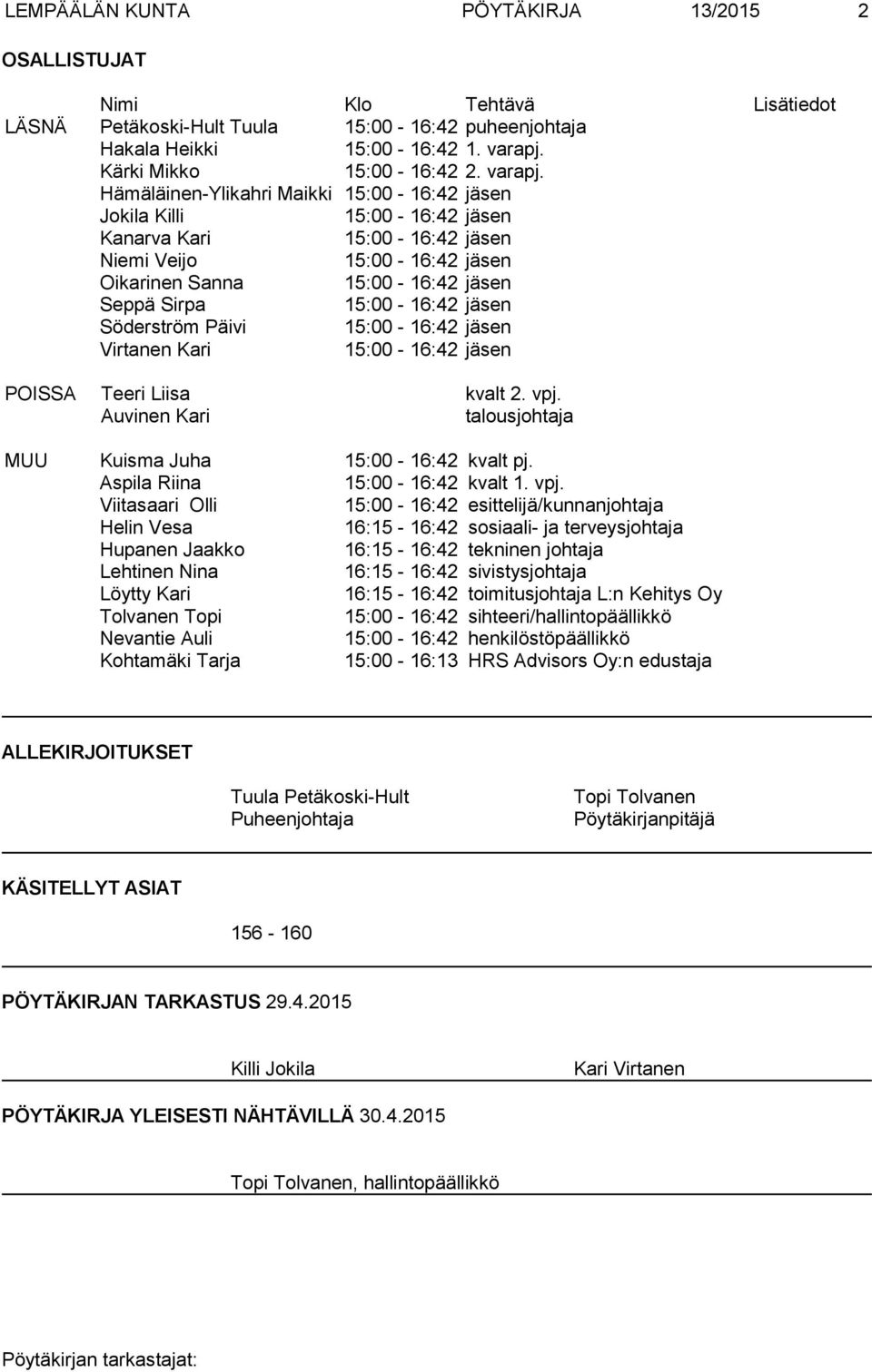 Hämäläinen-Ylikahri Maikki 15:00-16:42 jäsen Jokila Killi 15:00-16:42 jäsen Kanarva Kari 15:00-16:42 jäsen Niemi Veijo 15:00-16:42 jäsen Oikarinen Sanna 15:00-16:42 jäsen Seppä Sirpa 15:00-16:42