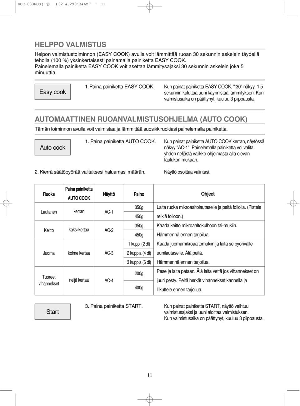 Painelemalla painiketta EASY COOK voit asettaa lämmitysajaksi 30 sekunnin askelein joka 5 minuuttia. Easy cook 1.Paina painiketta EASY COOK. Kun painat painiketta EASY COOK, ":30" näkyy.