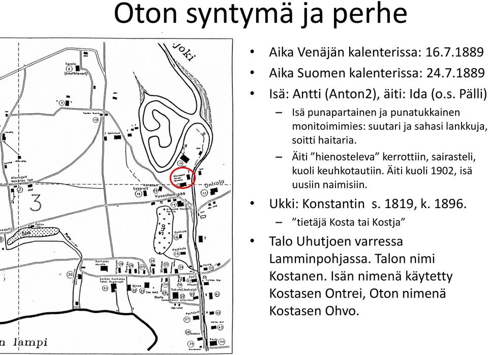 Äiti hienosteleva kerrottiin, sairasteli, kuoli keuhkotautiin. Äiti kuoli 1902, isä uusiin naimisiin. Ukki: Konstantin s. 1819, k.