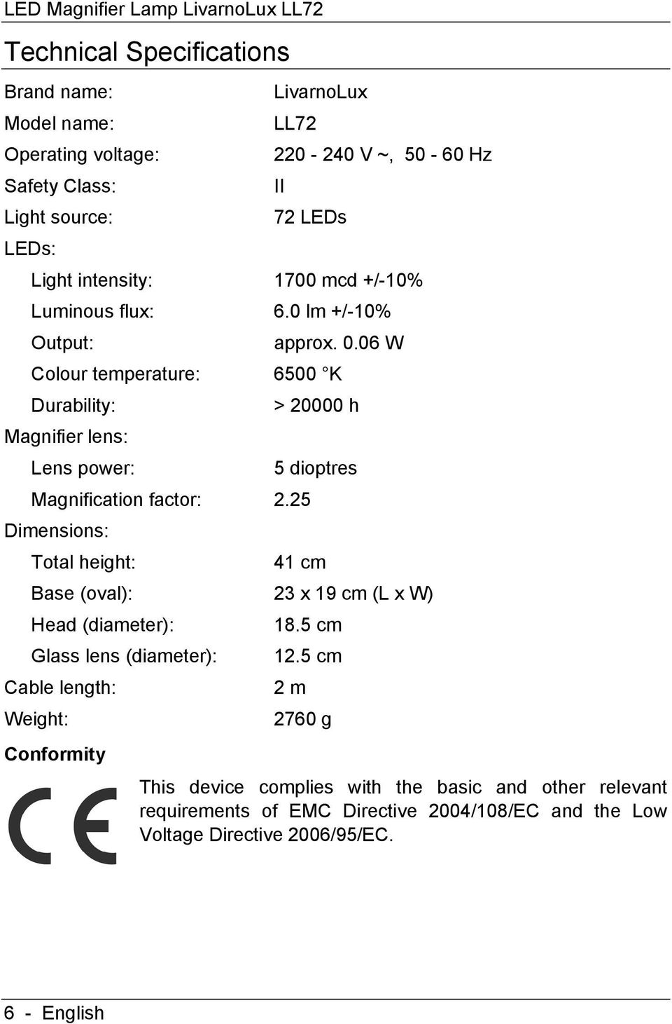 06 W Colour temperature: 6500 K Durability: > 20000 h Magnifier lens: Lens power: 5 dioptres Magnification factor: 2.