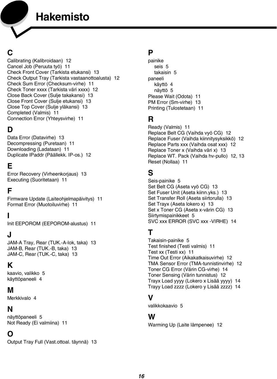 (Yhteysvirhe) 11 D Data Error (Datavirhe) 13 Decompressing (Puretaan) 11 Downloading (Ladataan) 11 Duplicate IPaddr (Päällekk. IP-os.
