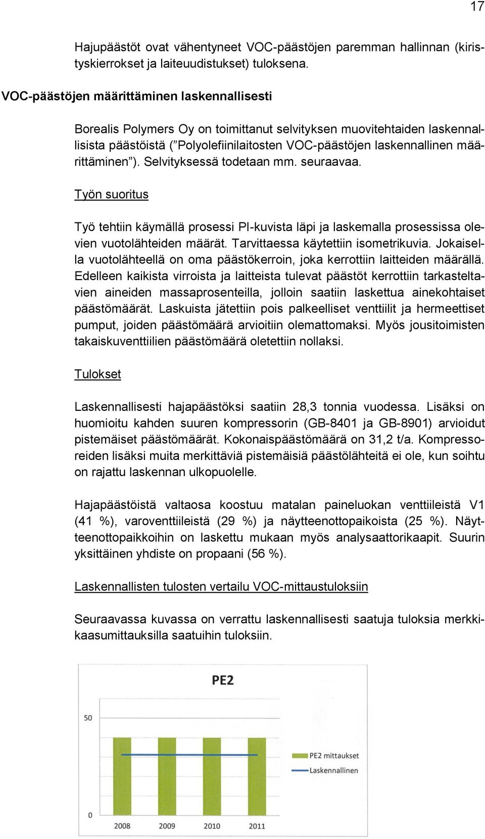 määrittäminen ). Selvityksessä todetaan mm. seuraavaa. Työn suoritus Työ tehtiin käymällä prosessi PI-kuvista läpi ja laskemalla prosessissa olevien vuotolähteiden määrät.