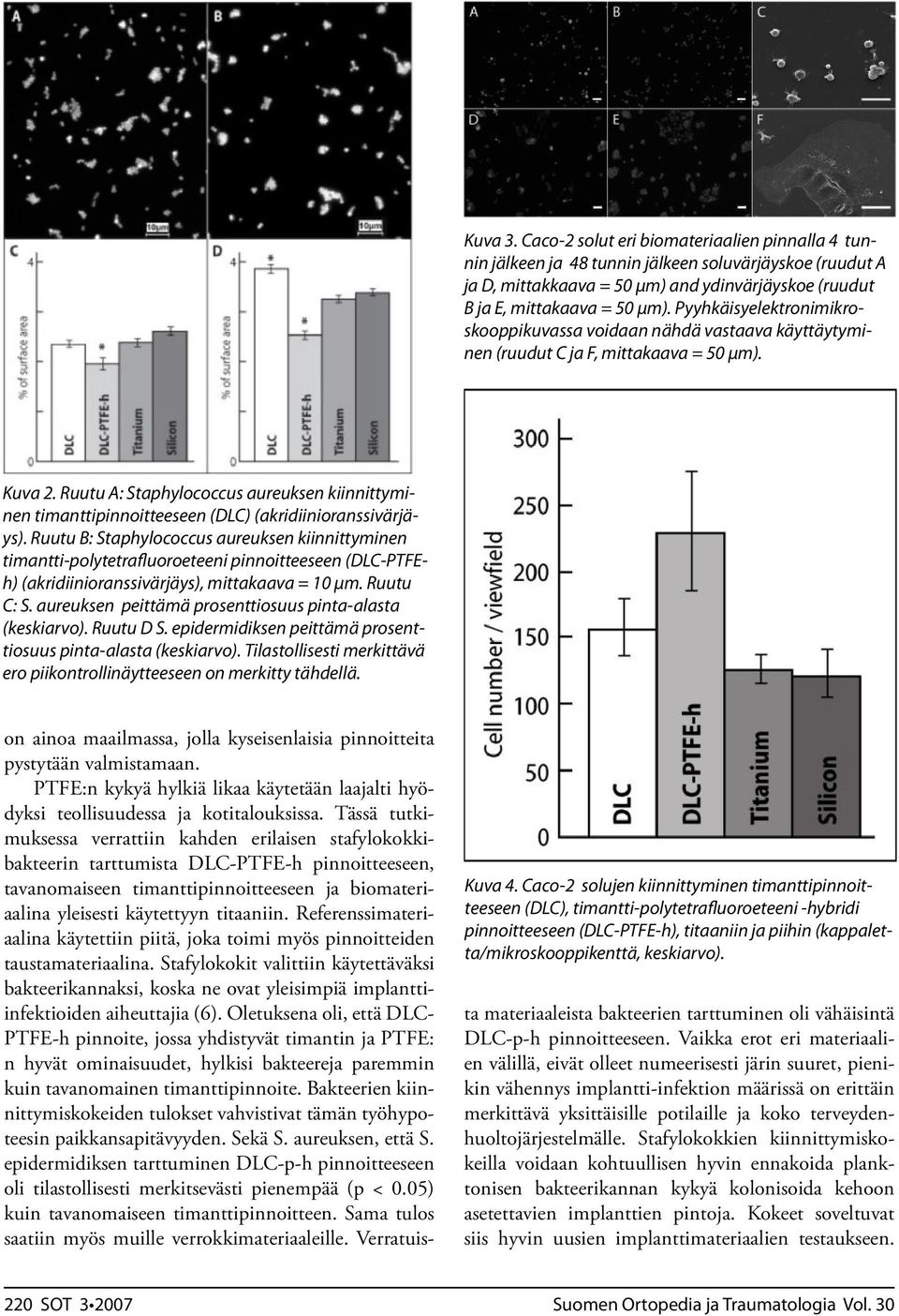 Ruutu A: Staphylococcus aureuksen kiinnittyminen timanttipinnoitteeseen (DLC) (akridiinioranssivärjäys).