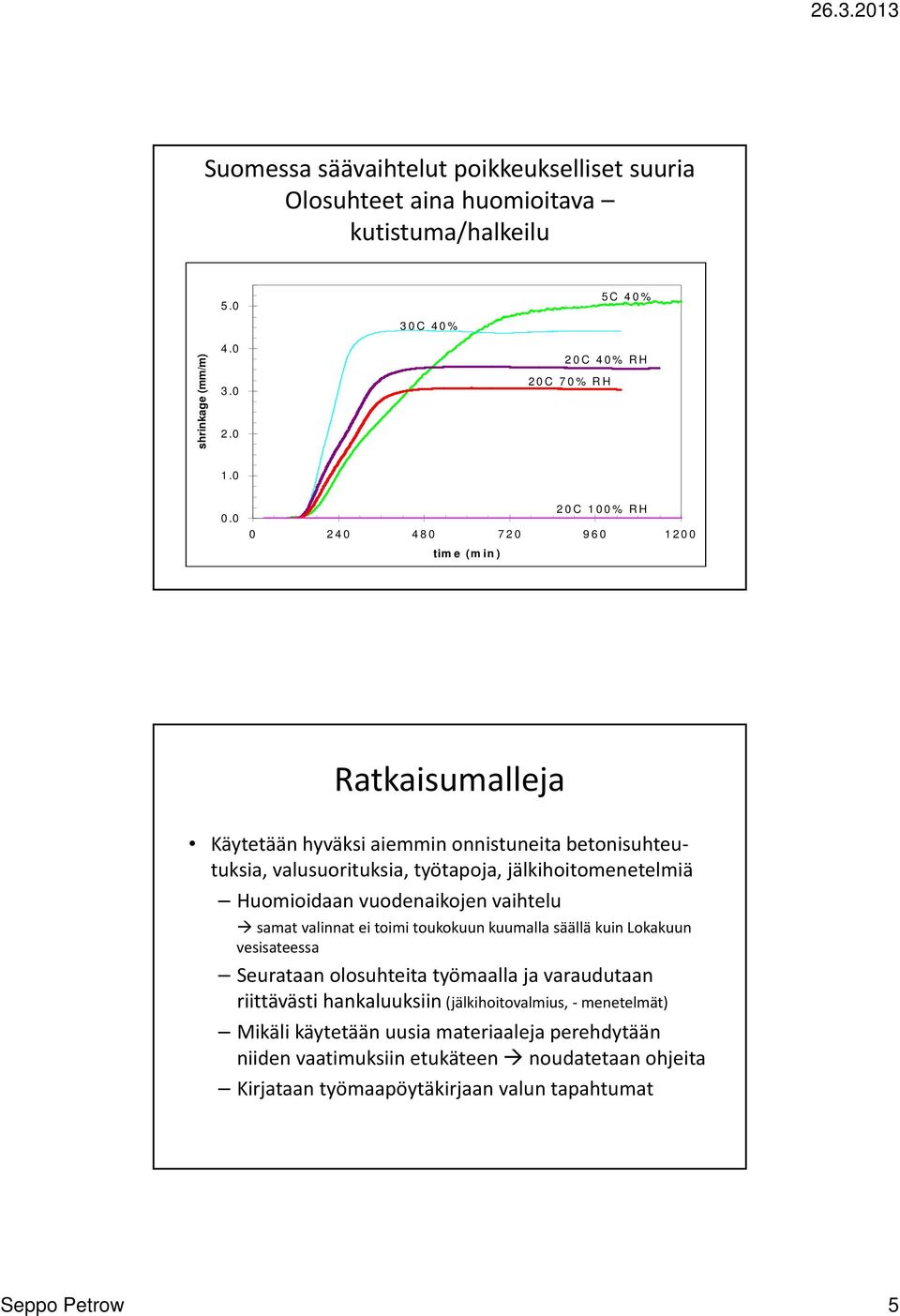 Huomioidaan vuodenaikojen vaihtelu samat valinnat ei toimi toukokuun kuumalla säällä kuin Lokakuun vesisateessa Seurataan olosuhteita työmaalla ja varaudutaan riittävästi