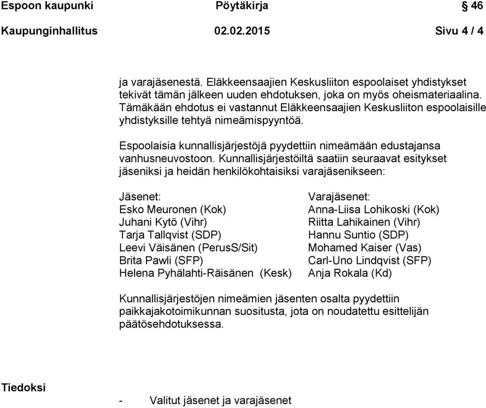 Kunnallisjärjestöiltä saatiin seuraavat esitykset jäseniksi ja heidän henkilökohtaisiksi varajäsenikseen: Jäsenet: Esko Meuronen (Kok) Juhani Kytö (Vihr) Tarja Tallqvist (SDP) Leevi Väisänen