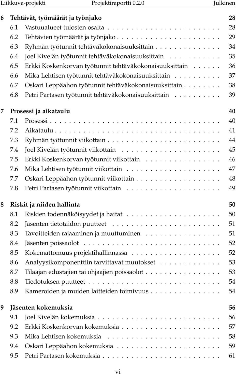 6 Mika Lehtisen työtunnit tehtäväkokonaisuuksittain.......... 37 6.7 Oskari Leppäahon työtunnit tehtäväkokonaisuuksittain........ 38 6.8 Petri Partasen työtunnit tehtäväkokonaisuuksittain.