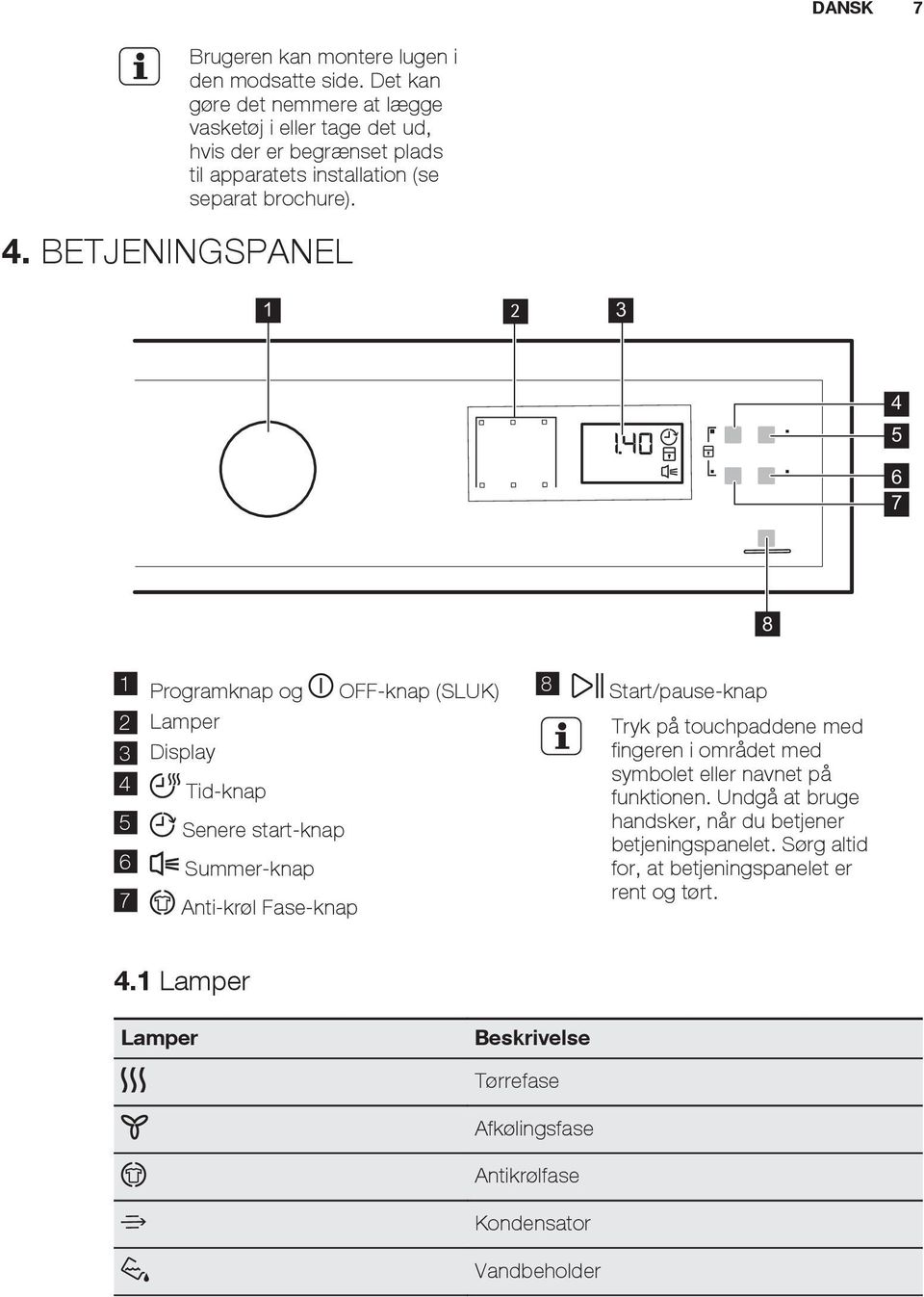 BETJENINGSPANEL 1 2 3 4 5 6 7 8 1 Programknap og OFF-knap (SLUK) 2 Lamper 3 Display 4 Tid-knap 5 Senere start-knap 6 Summer-knap 7 Anti-krøl Fase-knap 8