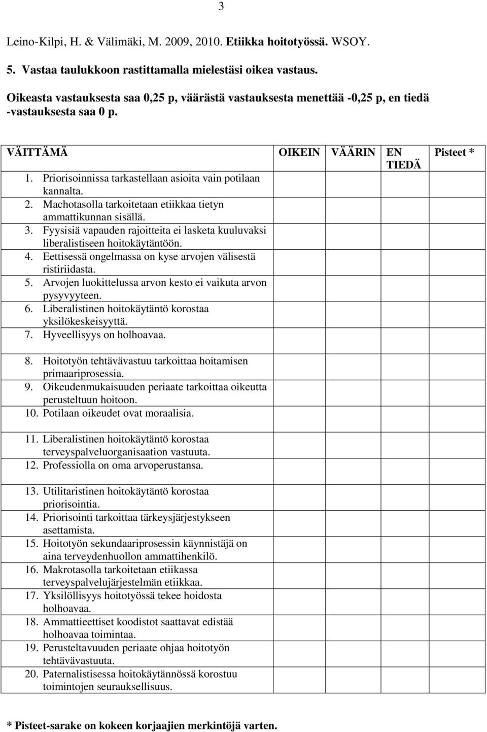 Machotasolla tarkoitetaan etiikkaa tietyn ammattikunnan sisällä. 3. Fyysisiä vapauden rajoitteita ei lasketa kuuluvaksi liberalistiseen hoitokäytäntöön. 4.