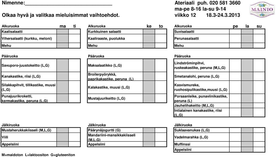 tillikastike, muusi Punajuurikroketti, kermakastike, peruna Maksalaatikko Broilerpyörykkä, paprikakastike, peruna (L) Kalakastike, muusi Mustajuurikeitto Lindströminpihvi,