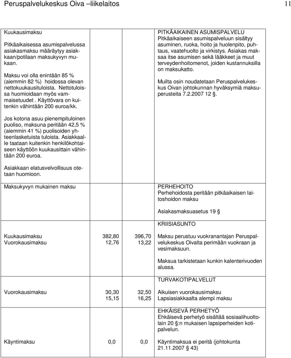 PITKÄAIKAINEN ASUMISPALVELU Pitkäaikaiseen asumispalveluun sisältyy asuminen, ruoka, hoito ja huolenpito, puhtaus, vaatehuolto ja virkistys.