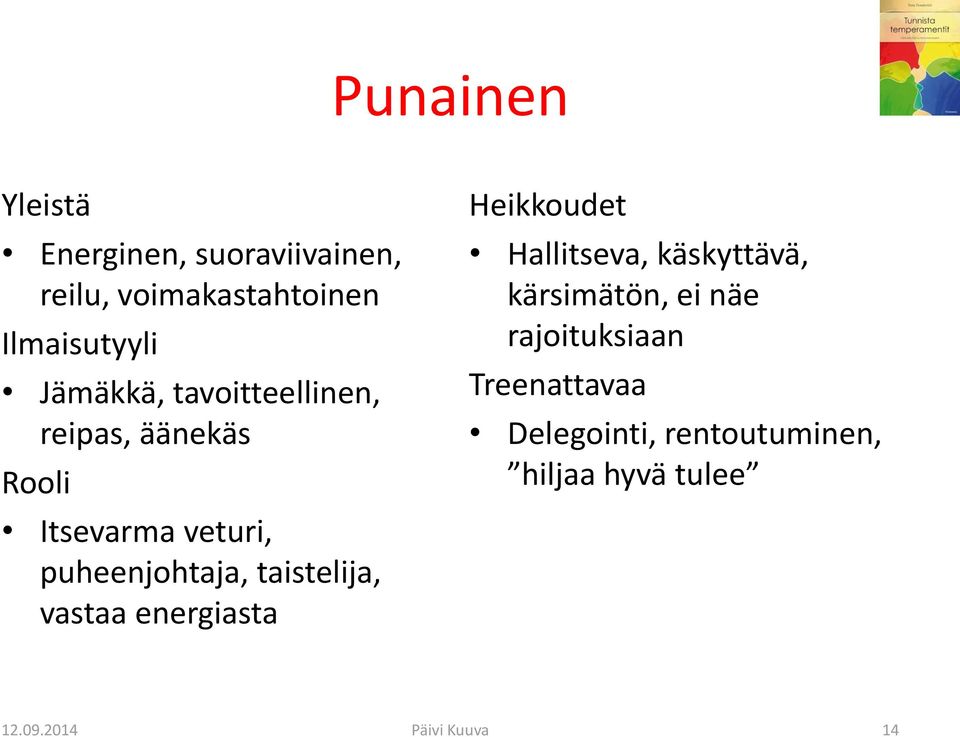 taistelija, vastaa energiasta Heikkoudet Hallitseva, käskyttävä, kärsimätön, ei näe