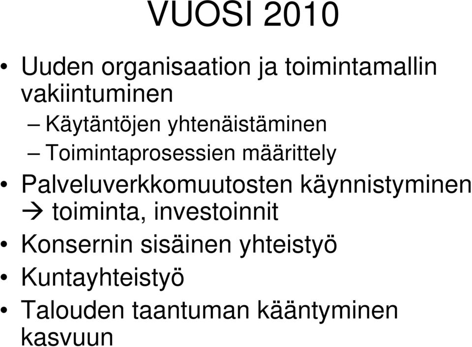 Palveluverkkomuutosten käynnistyminen toiminta, investoinnit