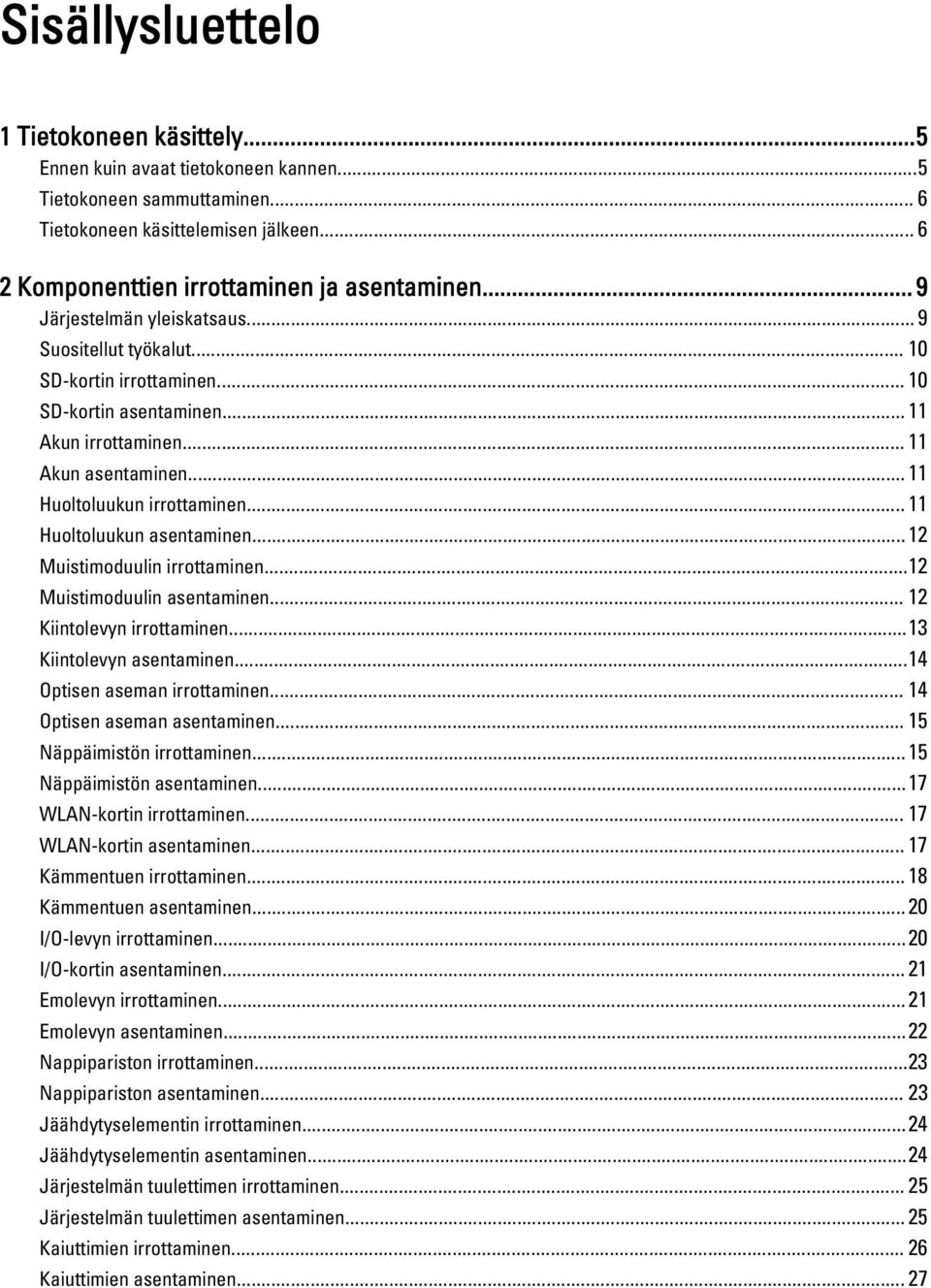 .. 11 Huoltoluukun asentaminen... 12 Muistimoduulin irrottaminen...12 Muistimoduulin asentaminen... 12 Kiintolevyn irrottaminen...13 Kiintolevyn asentaminen...14 Optisen aseman irrottaminen.