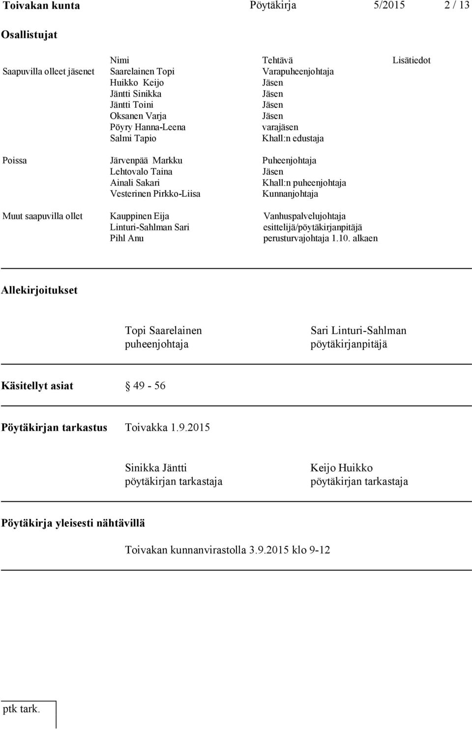 Kunnanjohtaja Muut saapuvilla ollet Kauppinen Eija Vanhuspalvelujohtaja Linturi-Sahlman Sari esittelijä/pöytäkirjanpitäjä Pihl Anu perusturvajohtaja 1.10.