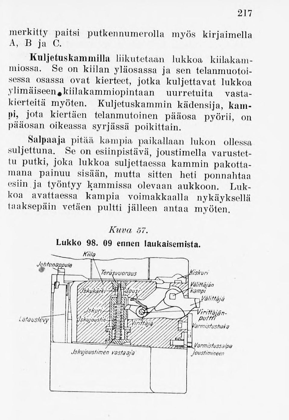 Kuljetuskammin kädensija, kampi, jota kiertäen telanmutoinen pääosa pyörii, on pääosan oikeassa syrjässä poikittain. Salpaaja pitää kampia paikallaan lukon ollessa suljettuna.