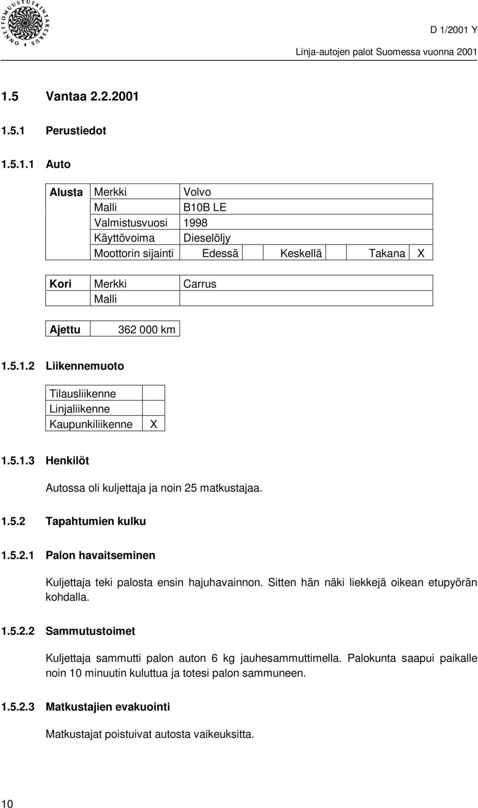 Sitten hän näki liekkejä oikean etupyörän kohdalla. 1.5.2.2 Sammutustoimet Kuljettaja sammutti palon auton 6 kg jauhesammuttimella.