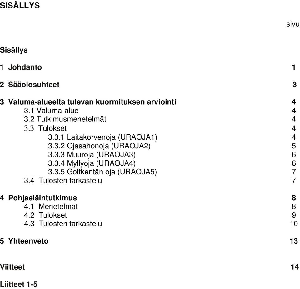 3.3 Muuroja (URAOJA3) 6 3.3.4 Myllyoja (URAOJA4) 6 3.3.5 Golfkentän oja (URAOJA5) 7 3.