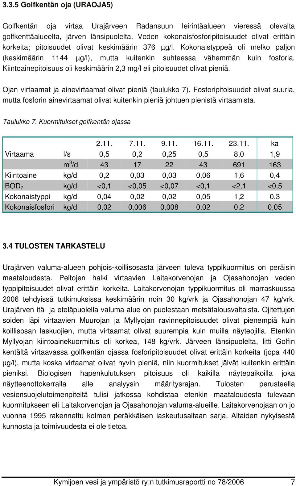 Kokonaistyppeä oli melko paljon (keskimäärin 1144 µg/l), mutta kuitenkin suhteessa vähemmän kuin fosforia. Kiintoainepitoisuus oli keskimäärin 2,3 mg/l eli pitoisuudet olivat pieniä.